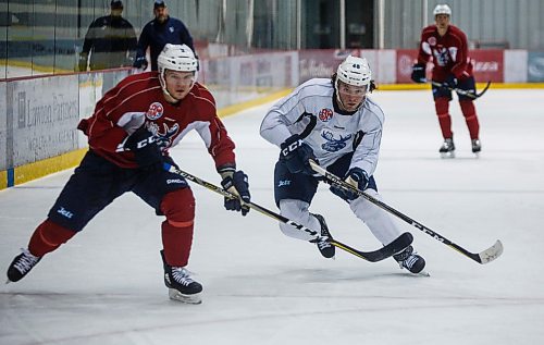 MIKE DEAL / WINNIPEG FREE PRESS
Manitoba Moose Brendan Lemieux (48) and Kirill Gotovets (2) during practice at the Iceplex Wednesday morning.
180418 - Wednesday, April 18, 2018.