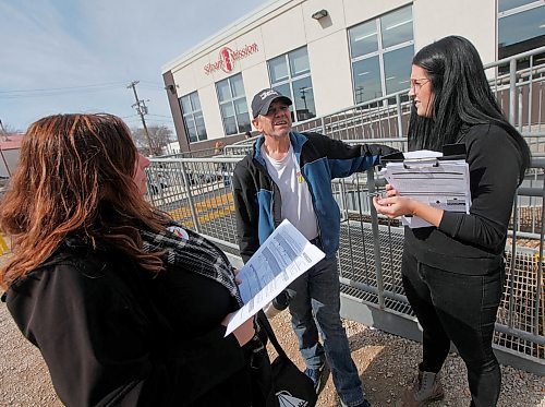 PHIL HOSSACK / WINNIPEG FREE PRESS -Street Census volunteers Barb Heinrichs and Brittany Odger survey Terry Land about his homelessness Wednesday. See Ryan's story. - April 18, 2018