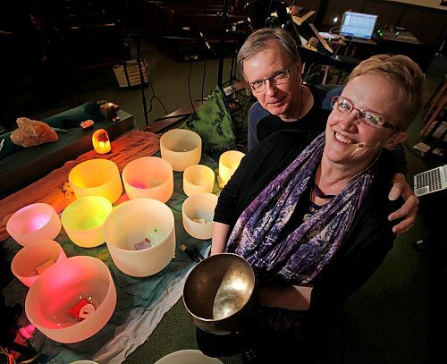 PHIL HOSSACK / WINNIPEG FREE PRESS -L'aura and Danny Carroll pose with her Crystal Bowls Wednesday at the Home Street Mennonite Church where the duo was to perform. See Brenda Suderman's story.- April 18, 2018