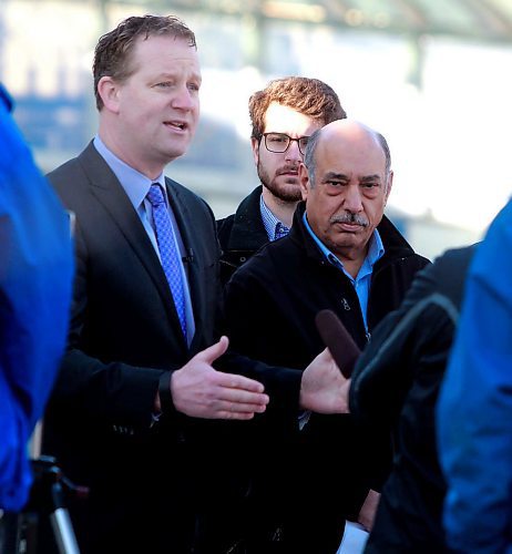 BORIS MINKEVICH / WINNIPEG FREE PRESS
From left, MLA from Wolseley Rob Altemeyer,  transit rider/supporter Jesse Blackman, and Amalgamated Transit Union 1505 president Aleem Chaudhary. This was at a press conference to talk about electric busses that was held at the Osborne Station along the rapid transit corridor. ALDO SANTIN STORY. April 19, 2018