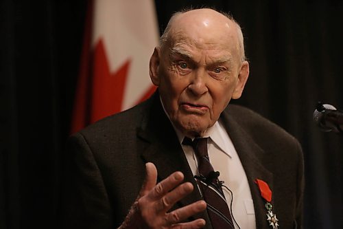RUTH BONNEVILLE / WINNIPEG FREE PRESS

Feature story on Jim Magill, a 96-year-old WWII veteran was knighted by the French govt. on Thurs at The Waverley & Rosewood  for his role in the war. 
Photo of Sir Magill  humbly receiving his award of honour as he makes a speech at the podium during event Thursday afternoon.


Dignitaries in attendance at the event: 
Her Honour Lieutenant Governor Janice Filmon, Wpg mayor Brian Bowman, Colonel Andrew Cook, Commander of 17 Wing Winnipeg from the Air Force, The Honorary Consul for France in Winnipeg , Bruno Burnichon will represent the Republic of France, and will present Dad with the Legion of Honour medal. Also, his son Kerry Magill (Mr. Magill's son to his left). 


April 19,  2018
