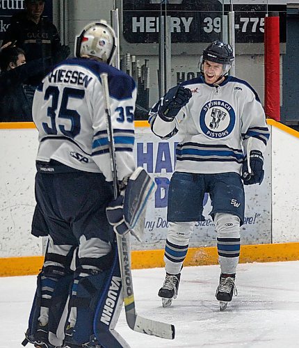 PHIL HOSSACK / WINNIPEG FREE PRESS - Steinbach Piston #67 Drew Worrad celebrates the team's third (his second) unanswered goal on a penalty shot in the first period against the Virden Capitals Thursday evening in Steinbach. Worrad opened the scoring seconds into the game with his first goal.  - April 19, 2018
