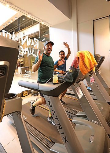 RUTH BONNEVILLE / WINNIPEG FREE PRESS

Runners Jonathan Torchia (left) and Junel Malapad ham it up for the camera after completing their first hour of running of their  goal of 24 on treadmills at the .Lululemon Outlet Collection for Run Your Lungs Out 2018 fundraiser for CancerCare Manitoba Foundation  Friday.
Friday.  

Run Your Lungs Out 2018 has raised over $29,000 and counting!

Standup photo 

April 19,  2018
