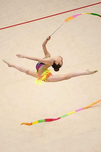 MIKE DEAL / WINNIPEG FREE PRESS
The Rhythmic Gymnastics 2018 Western Regional Championships at the Sport for Life Centre Friday afternoon.
Julia Isabel Oprea performs with ribbon for team Adagio.
180420 - Friday, April 20, 2018.