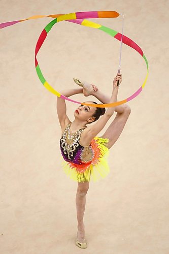 MIKE DEAL / WINNIPEG FREE PRESS
The Rhythmic Gymnastics 2018 Western Regional Championships at the Sport for Life Centre Friday afternoon.
Julia Isabel Oprea performs with ribbon for team Adagio.
180420 - Friday, April 20, 2018.