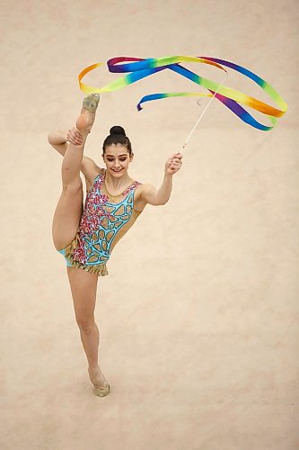 MIKE DEAL / WINNIPEG FREE PRESS
The Rhythmic Gymnastics 2018 Western Regional Championships at the Sport for Life Centre Friday afternoon.
Ana Lugonjic performs with ribbon for team Adagio.
180420 - Friday, April 20, 2018.