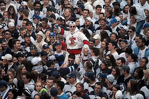 PHIL HOSSACK / WINNIPEG FREE PRESS - Street Party Jets fans celebrate Friday evening during the playoff game between the Winnipeg Jets and Minnesota Wild. - April 20, 2018