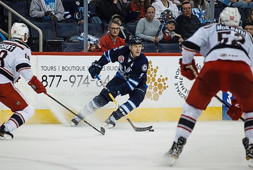 MIKE DEAL / WINNIPEG FREE PRESS
Manitoba Moose Cameron Schilling (5) against the Grand Rapids Griffins during the second period of game 1 of the first round in the AHL playoffs at Bell MTS Place Saturday afternoon.
180421 - Saturday, April 21, 2018.