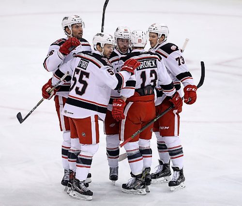 TREVOR HAGAN / WINNIPEG FREE PRESS
The Grand Rapids Griffins celebrate after Matthew Ford (55) scored on Manitoba Moose goaltender Eric Comrie (1) during first period AHL playoff action, Sunday, April 22, 2018.