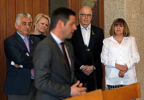 PHIL HOSSACK / WINNIPEG FREE PRESS - left to right, Albert El Tassi, Johanna Hurme Chair of the Winnipeg Chamber of Commerce, Scott and Anne Oake listen to Mayor Brian Bowman's comments before getting down to business. The Oakes received a $9000.00 cheque from the Winnipeg CofC as the proceeds from their State of the City Address, and another $3000.00 top up from Ambert El Tassi towards the Bruce Oake Memorial Foundation. Aldo Santin story. - April 23, 2018
