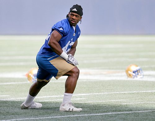 PHIL HOSSACK / WINNIPEG FREE PRESS -  #42 Quentin Gause stretches at the Bomber Mini-Camp Wednesday afternoon. See Mike Sawatzsky story. - April 25, 2018