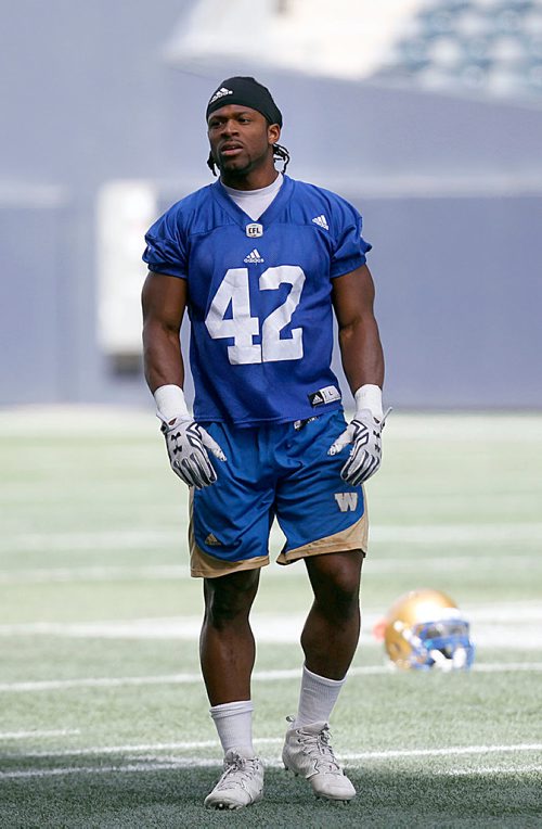 PHIL HOSSACK / WINNIPEG FREE PRESS -  #42 Quentin Gause stretches at the Bomber Mini-Camp Wednesday afternoon. See Mike Sawatzsky story. - April 25, 2018