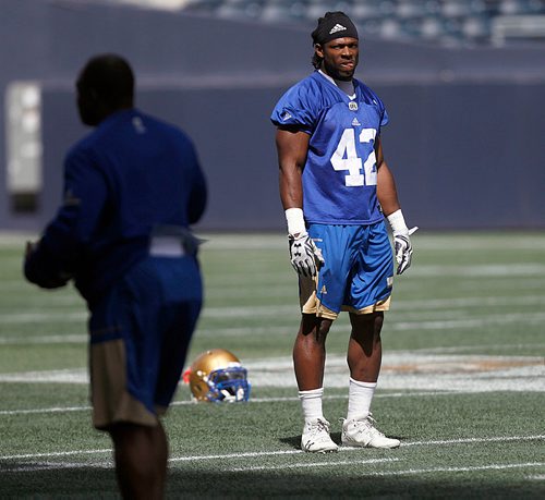 PHIL HOSSACK / WINNIPEG FREE PRESS -  #42 Quentin Gause stretches at the Bomber Mini-Camp Wednesday afternoon. See Mike Sawatzsky story. - April 25, 2018