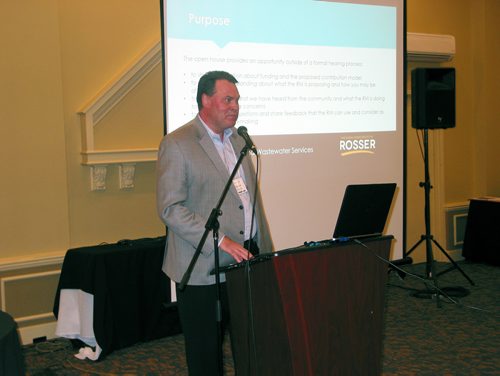 Canstar Community News April 14, 2018 - At a public meeting on April 14, RM of Rosser CAO Larry Wandowich explained the municipal council's proposed plan for establishing a Local Improvement District to cover water and sewer distribution costs. (ANDREA GEARY/CANSTAR COMMUNITY NEWS)