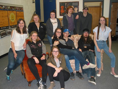 Canstar Community News April 18, 2018 - Sanford Collegiate students are performing The Outsiders on May 16 and 17. The cast and crew include (front row, left) Carleigh Enns, Carley Hungerford, Gabby Sellsted, Madeleine Barrett, Logan Nyman, Derek Westra and Kathleen Watts, and (back row, left) Joelle Lavoie, Leanne Peters, Bennett Jowett-Stark and Nicholas Van Walleghem. (ANDREA GEARY/CANSTAR COMMUNITY NEWS)