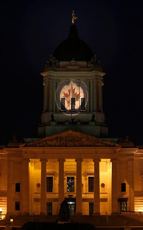 PHIL HOSSACK / WINNIPEG FREE PRESS - The Manitoba Legislature emblazoned with the Winnipeg Jets Logo. - April 25, 2018