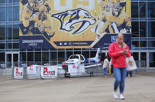 TREVOR HAGAN / WINNIPEG FREE PRESS
Predators sign on Bridgestone Arena and the plane that will get smashed tomorrow in downtown Nashville TN, Thursday, April 26, 2018.