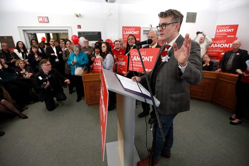 PHIL HOSSACK / WINNIPEG FREE PRESS - Dougald Lamont speaks at his overflowing packed nomination Thursday evening at St Boniface City Hall. See Larry Kusch story.- April 26, 2018