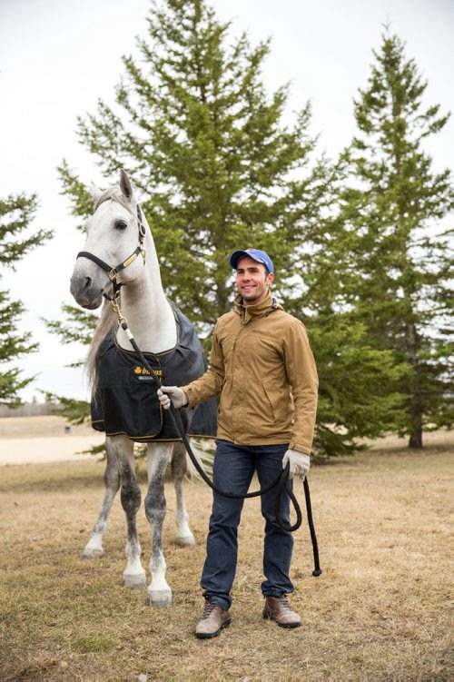 MIKAELA MACKENZIE / WINNIPEG FREE PRESS
Rider Antoine Romanoff and horse Gavilan pose for a media tour while the horses take a "vacation" at an equestrian facility near Oakbank, MB on Friday, April 27, 2018.
Mikaela MacKenzie / Winnipeg Free Press 2018.