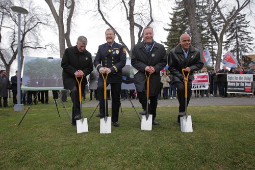 RUTH BONNEVILLE / WINNIPEG FREE PRESS

A official ground breaking ceremony was held for a Workers Memorial  Memorial Park Friday.  
Blaine Pedersen Minister of Growth, Alex Forrest UFFW president, Kevin Rebeck Manitoba Federation of Labour and Robert Belanger St. Clements Councillor, dig into the ground at Memorial Park at official ground breaking for permanent stone memorial to be mounted to remember those who lost their lives in the workplace.  

See Jane Gerster story. 

April 27,  2018
