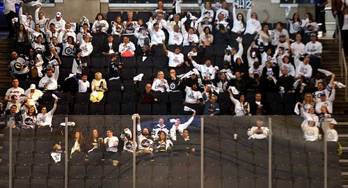 PHIL HOSSACK / WINNIPEG FREE PRESS - Jets fans cheer at the Bell/MTS Centre as they watch the first game of the Nashville Predator/Winnipeg Jets series. See Ryan's story.  - April 27, 2018