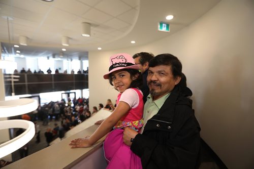 RUTH BONNEVILLE / WINNIPEG FREE PRESS

Five-year-old Maya Contreras and her dad Reinalda Contreras look down at the crowds of people that gathered to attend the grand opening of Merchants Corner on Selkirk Ave. Saturday.  Her dad graduated from the urban inner city studies at University of Winnipeg which is now located at Merchants corner.  

See Jessica Botelho-Urbanski story 


April 28,  2018
