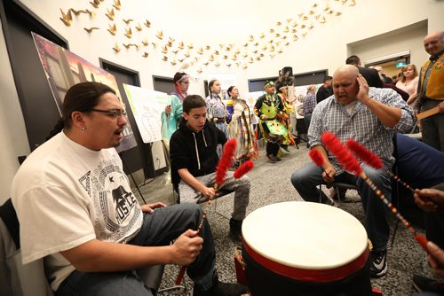 RUTH BONNEVILLE / WINNIPEG FREE PRESS

Walking Wolf Singers, Drummers  and Dancers perform in  the crowded foyer of Merchants Corner on Selkirk Ave. Saturday during their opening day celebrations Saturday. 
 
See Jessica Botelho-Urbanski story 


April 28,  2018
