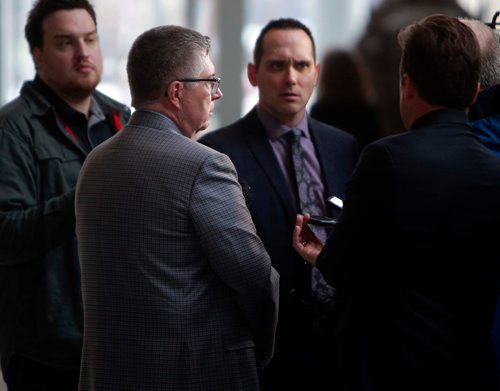 BORIS MINKEVICH / WINNIPEG FREE PRESS
Manitoba Hydro President and CEO Kelvin Shepherd, second from left, in media scrum in the atrium of Manitoba Hydro Place downtown(Hydro HQ). LARRY KUSCH STORY  May 1, 2018