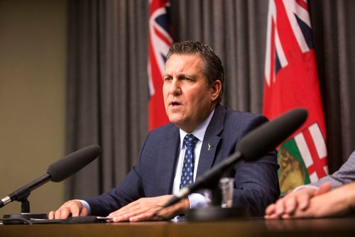 MIKAELA MACKENZIE / WINNIPEG FREE PRESS
Crown Services Minister Cliff Cullen speaks to the media about the PUB decision on Manitoba Hydro electricity rates at the Manitoba Legislative Building in Winnipeg on Tuesday, May 1, 2018.
Mikaela MacKenzie / Winnipeg Free Press 2018.