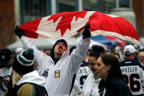 PHIL HOSSACK / WINNIPEG FREE PRESS - STREET PARTY - National, not just local pride at the Jets Whiteout Party Tuesday.   Jessica's story.  - May 1, 2018