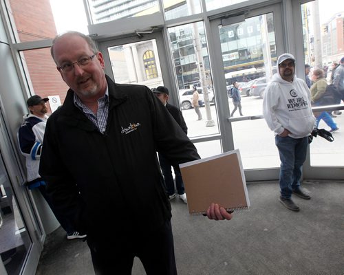 PHIL HOSSACK / WINNIPEG FREE PRESS - STREET PARTY - Downtown Biz security manager Shawn Matthews comments while prepping for the Jets Whiteout Party Tuesday. Jessica's story. - May 1, 2018