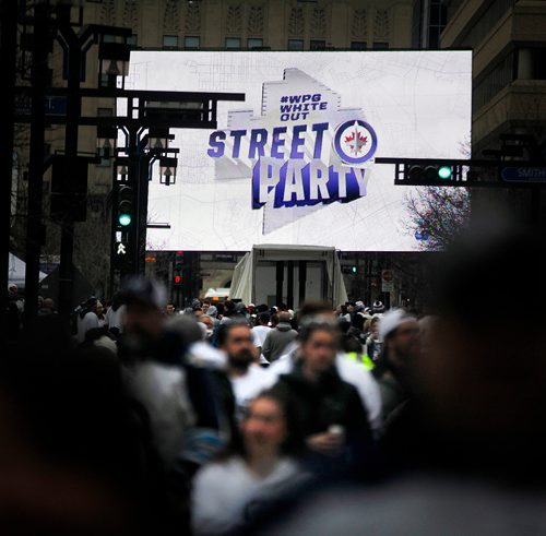 PHIL HOSSACK / WINNIPEG FREE PRESS - STREET PARTY - A giant 4 story tall screen arrived via tractor trailer to broadcast for the Jets Whiteout Party Tuesday.   Jessica's story.  - May 1, 2018