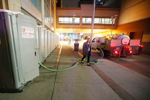 John Woods/Winnipeg Free Press
Crews clean up after the Winnipeg Jets' white out playoff party in downtown Winnipeg, Tuesday, May 1, 2018. 
