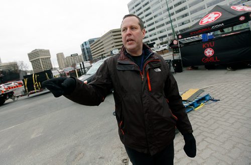 PHIL HOSSACK / WINNIPEG FREE PRESS - STREET PARTY - Jason Smith oversees set up of the latest version of the Jets WHiteout Party Tuesday.   Jessica's story.  - May 1, 2018