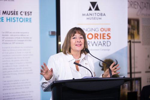 MIKAELA MACKENZIE / WINNIPEG FREE 
Gail Asper, president and trustee of the Asper Foundation, announces new funding for the Manitoba Museum at the museum in Winnipeg on Thursday, May 3, 2018. 
Mikaela MacKenzie / Winnipeg Free Press 2018.