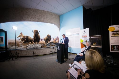 MIKAELA MACKENZIE / WINNIPEG FREE 
Jeoff Chipman, chair of the Bringing Our Stories Forward Capital and Endowment Campaign, announces new funding for the Manitoba Museum at the museum in Winnipeg on Thursday, May 3, 2018. 
Mikaela MacKenzie / Winnipeg Free Press 2018.