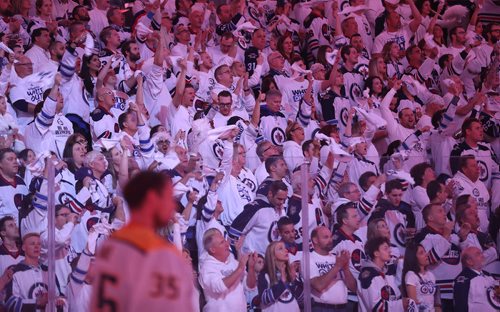 TREVOR HAGAN / WINNIPEG FREE PRESS
Winnipeg Jets' fans cheer as Nashville Predators' goaltender Pekka Rinne (35) looks on prior to first period NHL playoff hockey action during game 4 of the second round, Thursday, May 3, 2018.