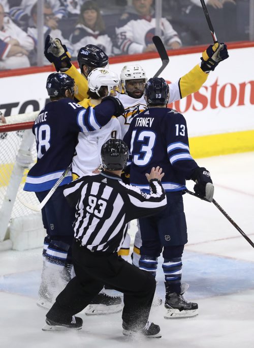 TREVOR HAGAN / WINNIPEG FREE PRESS
Nashville Predators' P.K. Subban (76) puts his hands up after pushing one of the Winnipeg Jets' in the goal crease during second period NHL playoff hockey action during game 4 of the second round, Thursday, May 3, 2018.