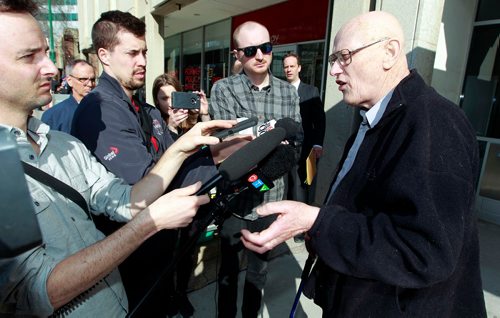 BORIS MINKEVICH / WINNIPEG FREE PRESS
A guilty verdict was handed down to James Aisaican-Chase, right, at courts this morning (373 Broadway). Red light camera case. He talked to the media shortly after the ruling. RYAN THORPE STORY.  May 4, 2018