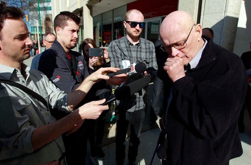 BORIS MINKEVICH / WINNIPEG FREE PRESS
A guilty verdict was handed down to James Aisaican-Chase, right, at courts this morning (373 Broadway). Red light camera case. He talked to the media shortly after the ruling. RYAN THORPE STORY.  May 4, 2018