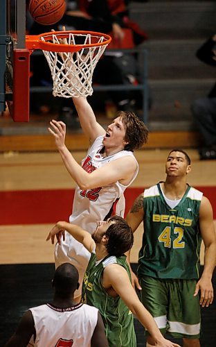 BORIS MINKEVICH / WINNIPEG FREE PRESS  081228 University of Winnipeg Wesmen vs. Alberta Golden Bears Wesman #12 Ben Kingdon does a lay up.