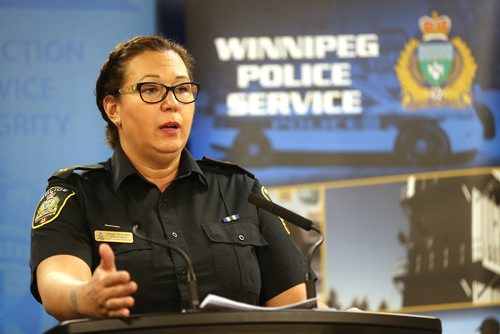 TREVOR HAGAN / WINNIPEG FREE PRESS
Winnipeg Police Cst Tammy Skrabek, addressing media about a boat accident that claimed one life Friday night, at Police Headquarters, Saturday, May 5, 2018.