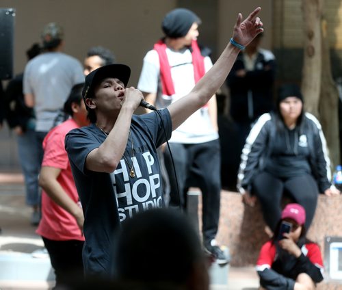 TREVOR HAGAN / WINNIPEG FREE PRESS
Hip Hop group, 2AM, performing in Edmonton Court in Portage Place as part of Graffiti Art Programmings, DowntownMOVES, Saturday, May 5, 2018.