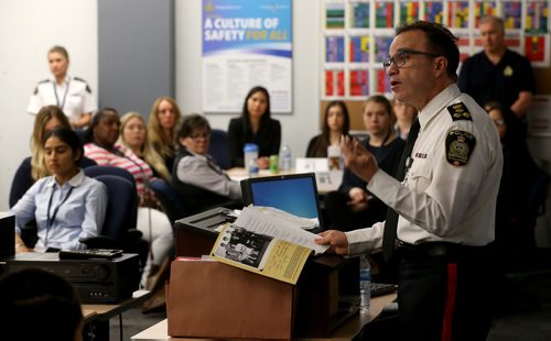 TREVOR HAGAN / WINNIPEG FREE PRESS
Winnipeg Police Chief Danny Smyth speaks to 60 women who came out to the third Future Women in Law Enforcement event at Police Headquarters, Saturday, May 5, 2018.