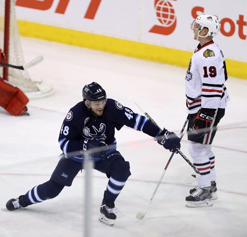 TREVOR HAGAN / WINNIPEG FREE PRESS
Manitoba Moose Brendan Lemieux (48) celebrates after scoring on Rockford Icehogs goaltender, Collin Delia (1) with Gustav Forsling (19) looking on during the first period of their second round AHL playoff matchup, Saturday, May 5, 2018.