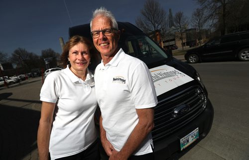 TREVOR HAGAN / WINNIPEG FREE PRESS
Wendy and Bill Morrisey run the Wonderful Winnipeg City Tours, with their van at The Forks, Sunday, May 6, 2018.