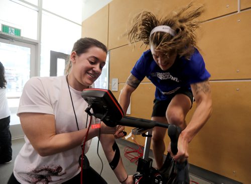 TREVOR HAGAN / WINNIPEG FREE PRESS
Kaitlin Kucharski, a technical team member, monitoring the progress of Kayden Johnson, one of 100 athletes from qualifying events in Saskatoon, Brandon and Winnipeg participated in the RBC Training Ground at the University of Winnipeg, Saturday, May 5, 2018.