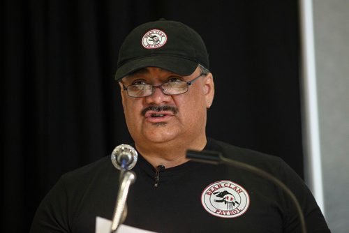 MIKE DEAL / WINNIPEG FREE PRESS
James Favel with the Bear Clan Patrol during panel discussion during the Downtown Winnipeg Safety Summit.
180507 - Monday, May 07, 2018.