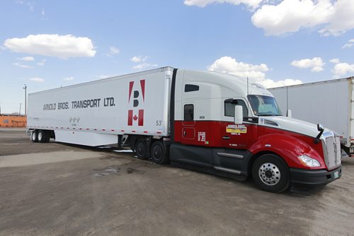 BORIS MINKEVICH / WINNIPEG FREE PRESS
Arnold Bros. truck fully equipped with add on features that helps save fuel costs. Mostly aerodynamics. This is for a story on the trucking industrys concerns about the provincial carbon tax. Photo taken at Arnold Bros. Transport Ltd. at 739 Lagimodiere Blvd. MARTIN CASH STORY May 7, 2018