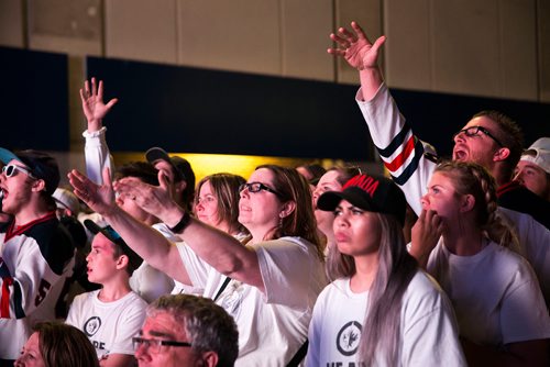 MIKAELA MACKENZIE / WINNIPEG FREE PRESS
Jets fans react to a tense game at the whiteout street party in Winnipeg on Monday, May 7, 2018. 
Mikaela MacKenzie / Winnipeg Free Press 2018.